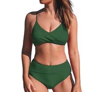 Women's Fashion Sexy Solid Color Bikini Swimsuit Set with Breast Pads Bandeau Bikini (Green, L)