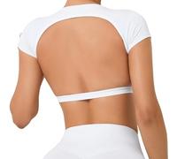 Women's Fashion Short Sleeves Yoga Crop Top Soft Comfy Workout Gym Tee Shirt Casual Elastic Tight Tees Essential Solid Athletic Cropped Top White L