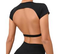 Women's Fashion Short Sleeves Yoga Crop Top Soft Comfy Workout Gym Tee Shirt Casual Elastic Tight Tees Essential Solid Athletic Cropped Top Black L