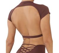 Women's Fashion Short Sleeves Yoga Crop Top Soft Comfy Workout Gym Tee Shirt Casual Elastic Tight Tees Essential Solid Athletic Cropped Top Brown L