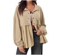 Women's Fashion Solid Coat Long Sleeve Patchwork Lapel Button Jacket Patchwork Ruffle Hem Casual Jacket Loose Fit Outwear Sweatshirts Hoodless Coats Spring Fall Trendy