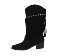 Women's Fashion Solid Color Boots Leather Bow Tassel Back Heel Chunky Mid Calf Boots Calf High Boots for Women Heels (Black, 5)