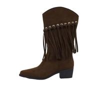Women's Fashion Solid Color Boots Leather Bow Tassel Back Heel Chunky Mid Calf Boots Knee Boots for Women Wide Calf Wedge (Brown, 6)