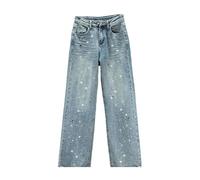 Women's Fashion Spring High Waist Loose Stars Hot Diamonds Straight Leg Pants High Waist Loose Vintage 90's Boyfriend Jeans (Blue,L)