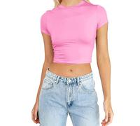 Womens Fashion Summer Short Sleeve Cute Crop Tops Casual Basic Crewneck Slim Fit T Shirts Women Workout Shirts Pink