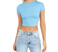 Womens Fashion Summer Short Sleeve Cute Crop Tops Casual Basic Crewneck Slim Fit T Shirts Women Workout Shirts Blue