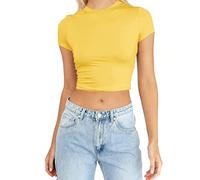 Womens Fashion Summer Short Sleeve Cute Crop Tops Casual Basic Crewneck Slim Fit T Shirts Women Workout Shirts Yellow