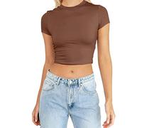 Womens Fashion Summer Short Sleeve Cute Crop Tops Casual Basic Crewneck Slim Fit T Shirts Women Workout Shirts Coffee