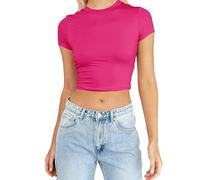 Womens Fashion Summer Short Sleeve Cute Crop Tops Casual Basic Crewneck Slim Fit T Shirts Women Workout Shirts Hot Pink