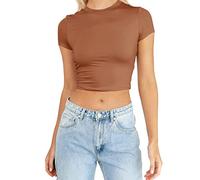 Womens Fashion Summer Short Sleeve Cute Crop Tops Casual Basic Crewneck Slim Fit T Shirts Women Workout Shirts Brown