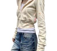 Women's Fashion Sweet Cute Floral Print Zipper Long Sleeve Hoodie Y2K Spring and Autumn Casual Slim Retro Street Trend Gothic Hoodie (Beige,M)