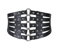 Women's Fashion Vintage 5 Metal Rings Wide Waist Belt Studded Belt PU Leather Belt Hollow Out Rivet Stretch Cinch Waistband for Dress (Black + Silver)