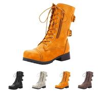 Women's Fashion Winter Mid Calf Boots Low Heel Leather Combat Boots Solid Color Anti Slip Booties with Side Zipper