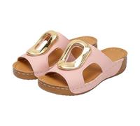 Women's Fashionable Modern Slide Sandals with Large Bold Gold Tone Buckle Accent Supportive Low Wedge Heel for Stylish Daily Summer Outfits Pink 4.5