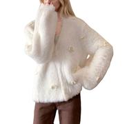 Women's Fashionable V-Neck Design Cute Fluffy Cardigan with 3D Flowers, Retro Elegant Loose-Fitting Casual Long-Sleeved Knitted Short Cardigan (White,One Size)
