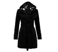 Women's Fashionable Wool Blend Long Overcoat Featuring Plaid Design Hooded Style Belted Double Breasted Winter Coat Womans Coats Black Trench Women Ladies Tops Size 14 Womens Waterproof