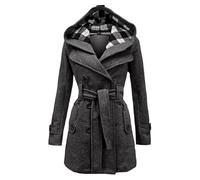 Women's Fashionable Wool Blend Long Overcoat Featuring Plaid Design Hooded Style Belted Double Breasted Winter Coat Womans Coats Black Trench Women Ladies Tops Size 14 Womens Waterproof