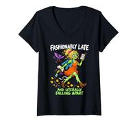 Women's Fashionably Late & Literally Falling Apart Zombie Halloween V-Neck T-Shirt