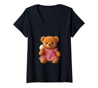 Womens Fashionista Teddy Bear Pink Dress Ice Cream Shapes Mania V-Neck T-Shirt