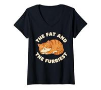 Womens Fat and The Furriest Cute Cat Kitten Funny Graphic V-Neck T-Shirt