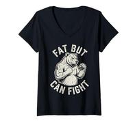 Women's Fat But Can Fight Funny Dad BOD Grizzly Bear Gym Graphic V-Neck T-Shirt