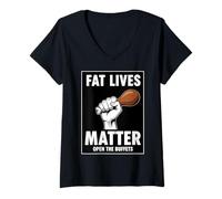 Womens Fat Lives Matter Open The Buffets Funny Raised Fist Food V-Neck T-Shirt