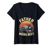 Womens Father Mows Best Retro Lawn Tractor Sunset V-Neck T-Shirt