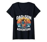 Women's Father Son Sailing Adventure Retro Sunset Nautical Ship V-Neck T-Shirt