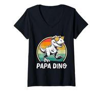 Womens Fatherhood PAPA DINO DAD Retro Funny Future Father V-Neck T-Shirt