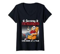 Womens Fatherhood SURVIVING FATHERHOOD ONE BEER A TIME Dads V-Neck T-Shirt