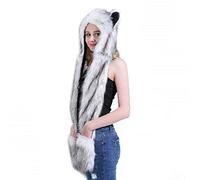 Women's Faux Fur 3 in 1 Hooded Scarf & Gloves - Full Hood, Warm & Soft Fluffy Trapper Hat - Cute Animal Print with Mitten Pocket - Long Scarf