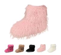 Women's Faux Fur Boots, Cute Furry Fuzzy Mid Calf Snow Boots Y2k, Ladies Slip on Winter Warm Comfortable Plush Boots, Non Slip Outdoor Indoor Flat Fur Shoes Pink