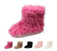 Women's Faux Fur Boots, Cute Furry Fuzzy Mid Calf Snow Boots Y2k, Ladies Slip on Winter Warm Comfortable Plush Boots, Non Slip Outdoor Indoor Flat Fur Shoes Hot Pink