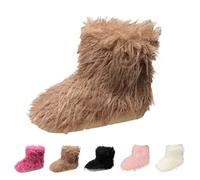 Women's Faux Fur Boots, Cute Furry Fuzzy Mid Calf Snow Boots Y2k, Ladies Slip on Winter Warm Comfortable Plush Boots, Non Slip Outdoor Indoor Flat Fur Shoes Khaki