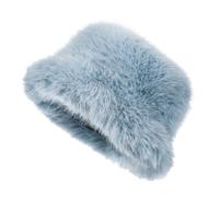 Women's Faux Fur Bucket Hats Fluffy Winter Warm Ladie's Unique Wide Brim Fisherman Cap, Blue, One size