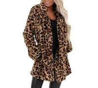 Women's Faux Fur Fluffy Leopard Print Jacket Long Sleeve Open Front Midi Coat with Pockets Soft Loose Lapel Shaggy Cardigan Autumn Winter Warm Winter Oversized Outwear Long Coat Brown