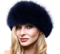 Women's Faux Fur Hat Ladies Russian Cossack Style Winter Caps (Faux Fox Fur-Navy Blue, One Size)