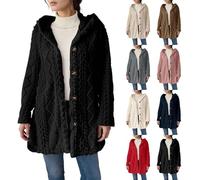 Womens Faux Fur Jacket Casual Fuzzy Fleece Long Sleeve Solid Coats Teddy Jumper Button Sherpa Thermal Outerwear Knitted Ribbed Autumn Winter Heavy Jumper Thick Fluffy Warm Fashion Coat Black