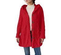 Womens Faux Fur Jacket Casual Fuzzy Fleece Long Sleeve Solid Coats Teddy Jumper Button Sherpa Thermal Outerwear Knitted Ribbed Autumn Winter Heavy Jumper Thick Fluffy Warm Fashion Coat Red