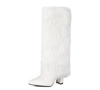 Women's Faux Fur Knee High Boots Pointed Toe Stiletto Heel Fashion Statement Boots Stylish Winter Fall Party Evening Night Out Office Travel Daily Wear,White,3 UK