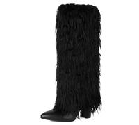 Women's Faux Fur Knee High Boots Pointed Toe Stiletto Heel Fashion Statement Boots Stylish Winter Fall Party Evening Night Out Office Travel Daily Wear,Black,12 UK