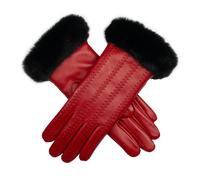 Women's Faux Fur-Lined Leather Gloves with Stitch Detail and Faux Fur Cuffs - Berry/Black / S