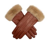 Women's Faux Fur-Lined Leather Gloves with Stitch Detail and Faux Fur Cuffs - Cognac/Natural / M