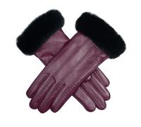 Women's Faux Fur-Lined Leather Gloves with Stitch Detail and Faux Fur Cuffs - Damson/Black / M