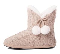 Women's Faux Fur Lined Slipper Boots with Pom Poms, Non-Slip Sole, Beige, Size 5/6 UK