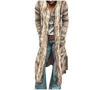 Women's Faux Fur Trim Collar Cardigan Vintage Geometric Print Open Front Long Jacket Parka Outerwear with Pockets Khaki