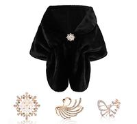 Women's Faux Fur Wrap Shawl Stole with 3 Faux Pearl Rhinestone Brooches,Bridal Long Shrug Cape Collar,Fur Warm Scarf Wrap,Ladies Fur Shawl for Wedding Party Dress Winter
