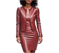 Women's Faux Leather 2-Piece Professional Outfit Long Sleeve Open-Front Blazer Bodycon Pencil Dress Set Office Work