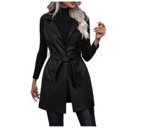Womens Faux Leather Belted Waistcoat Urban Chic Lapel Sleeveless Wrap Vest Blazer Jacket Longline Open Front V-Neck Gilets Trendy Outerwear for All Season