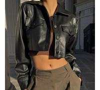 Women's Faux Leather Biker Jacket For Slim Fit Cropped Motorcycle Coat with Button Front Lapel Collar Long Sleeve Edgy Fashion Outerwear for Casual Autumn Spring Daily We(S Black)